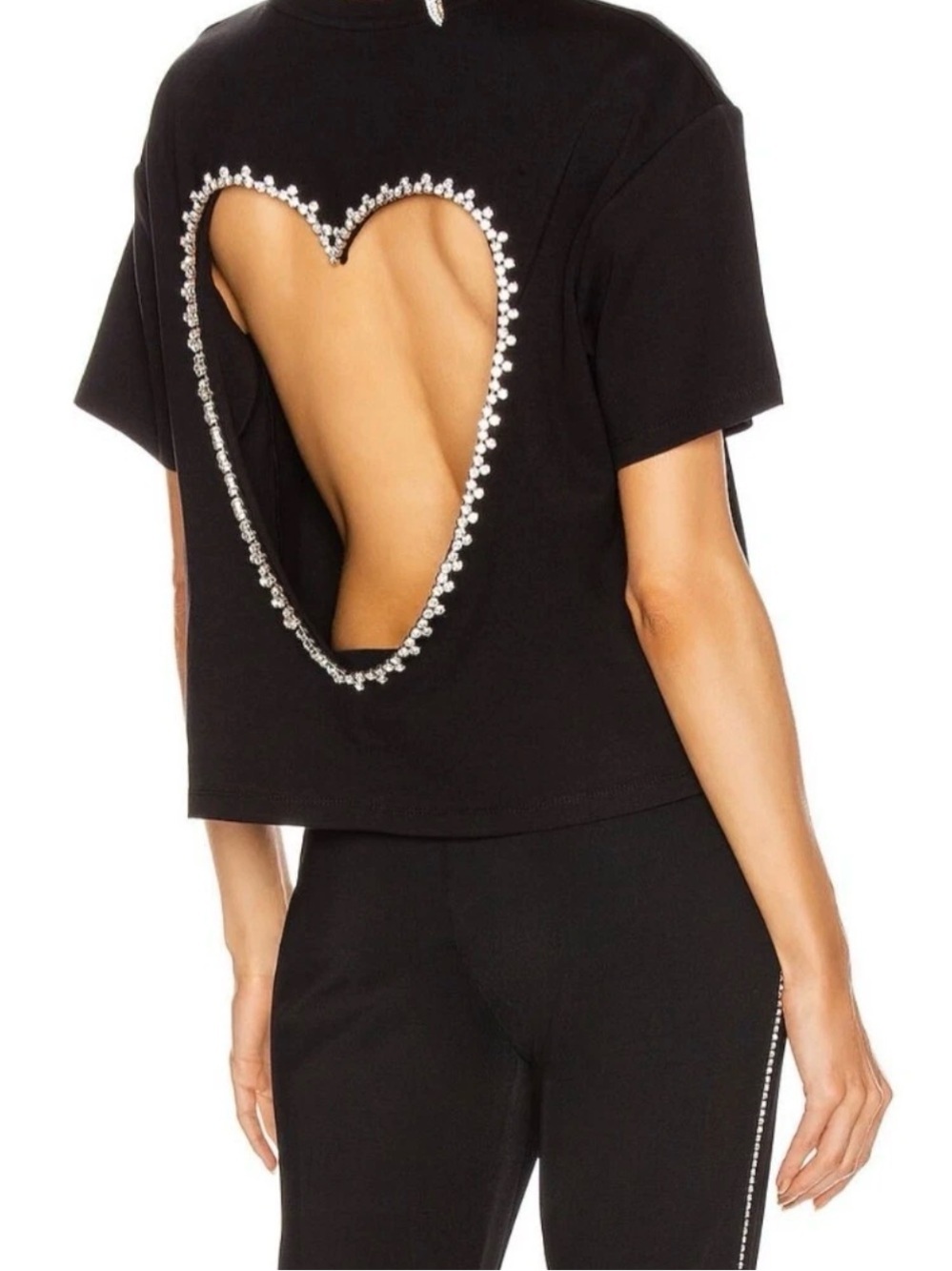 Area NYC Black Crop Tee with Heart Cutout and Rhinestone Trim